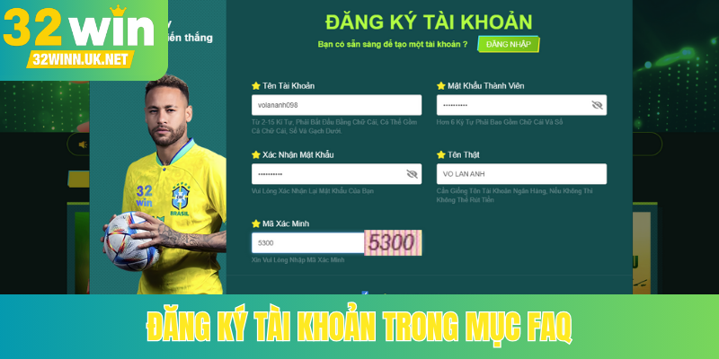 Đăng ký tài khoản trong mục FAQ